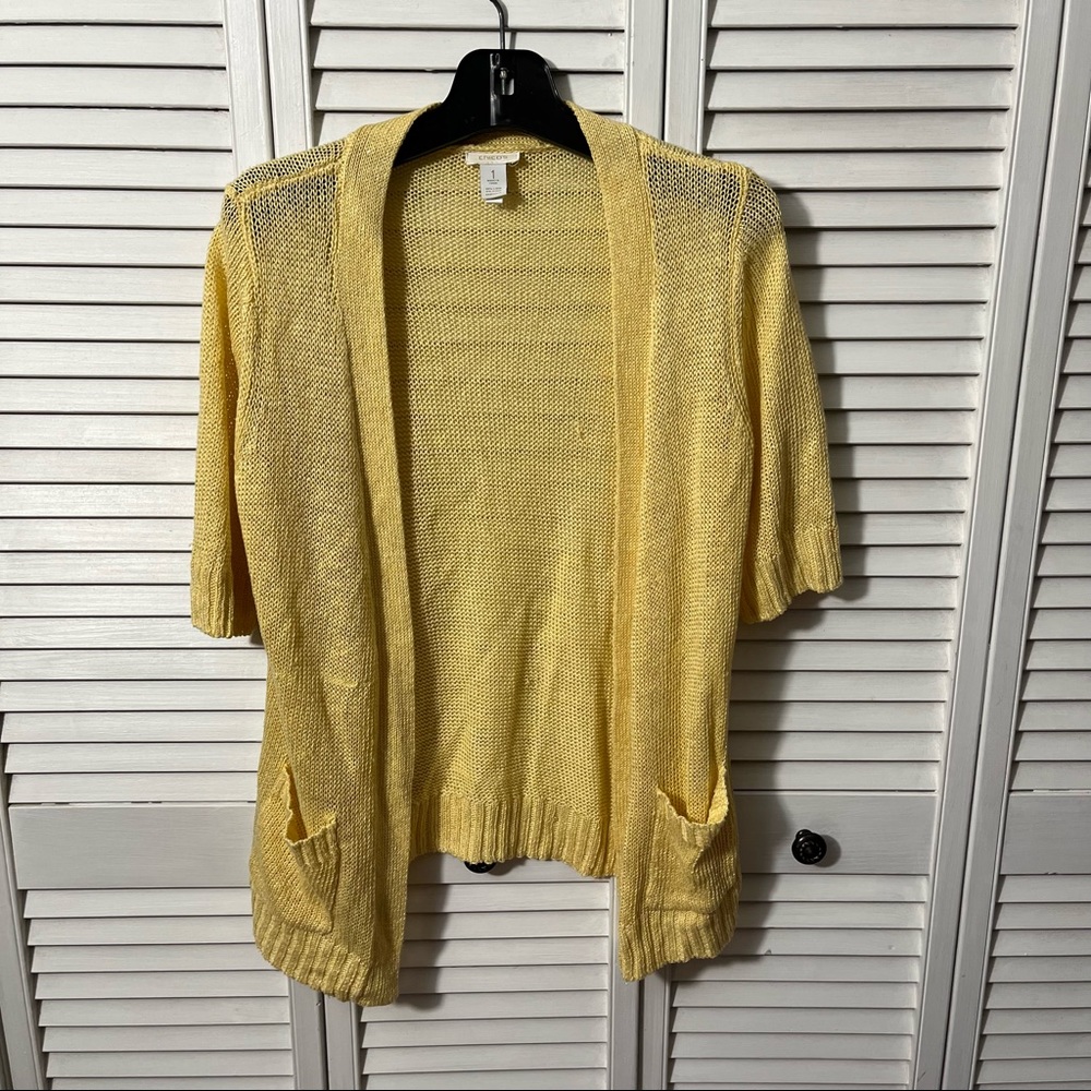 Chico’s Loose Knit Yellow Short Sleeve Cardigan, Size 1 - Picture 4 of 11